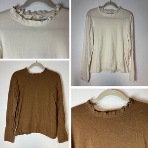 J Crew Ruffle Collar Sweater Mock Lot of 2 Brown White Fall 100% Cotton